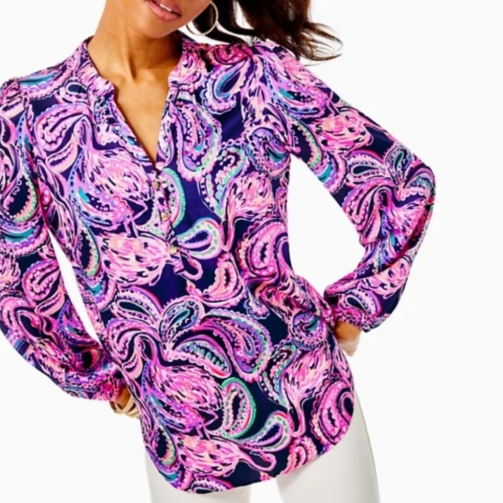 Lilly Pulitzer Marvelle Top High Tide Navy Flock To The Top